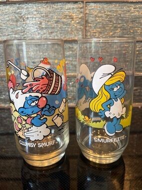 The Smurfs Vintage Drinking Glasses Smurfette Clumsy Smurf Vintage 1980 Cartoon